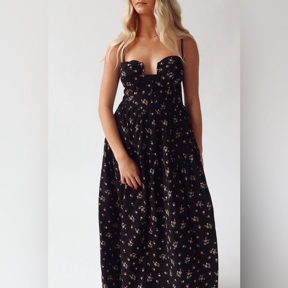 $99 LULUS Black Floral Bustier Maxi Dress - Picture 1 of 5
